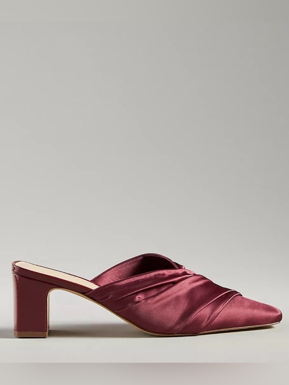 Anthropologie Ruched Satin Mule Heels in Wine.  NWOT.  Size 7.